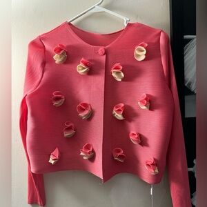 Women Coral pleats solid embroidered cardigan
